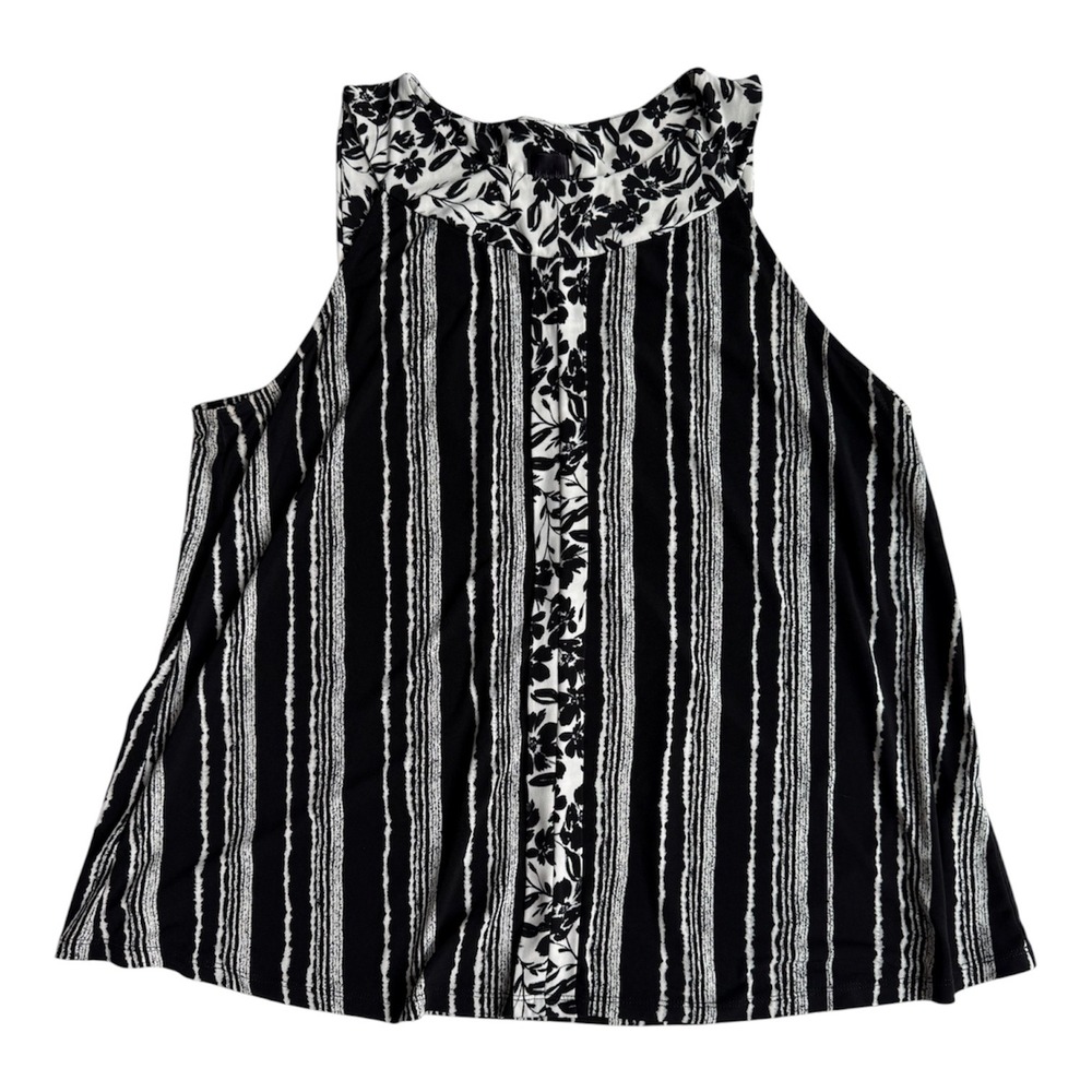 Rafaella Black White Stripe Floral Mixed Media Halter Blouse Tank Top L